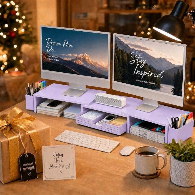 Desk Organizers and Accessories, Dual Monitor Stand Riser with Drawer and 2 Pen Holders, Desk Shelf Computer Racks for Office Workspace Organizers, Desktop Organization (Purple) - Image 9