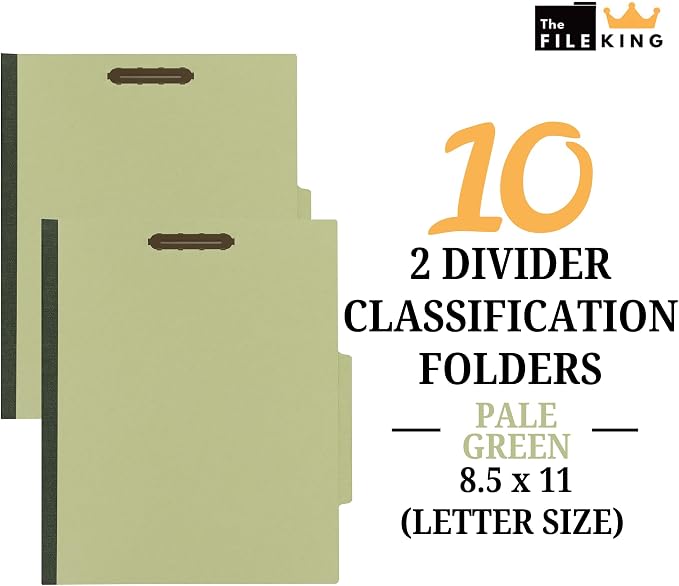 The File King Two Divider Pressboard Classification Pale Green File Folder - Letter Size | Box of 10 | 2/5 ROC Top Tab | 2” Expansion | Six 2-Inch Fastener Prongs | Made in America - Image 2