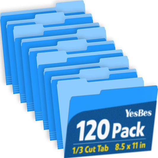 120 Pack File Folders 8.5 x 11 Inch, 1/3 Cut Tab File Folders Letter Size, School Business Office Filing Folder for Document, Blue by YesBes