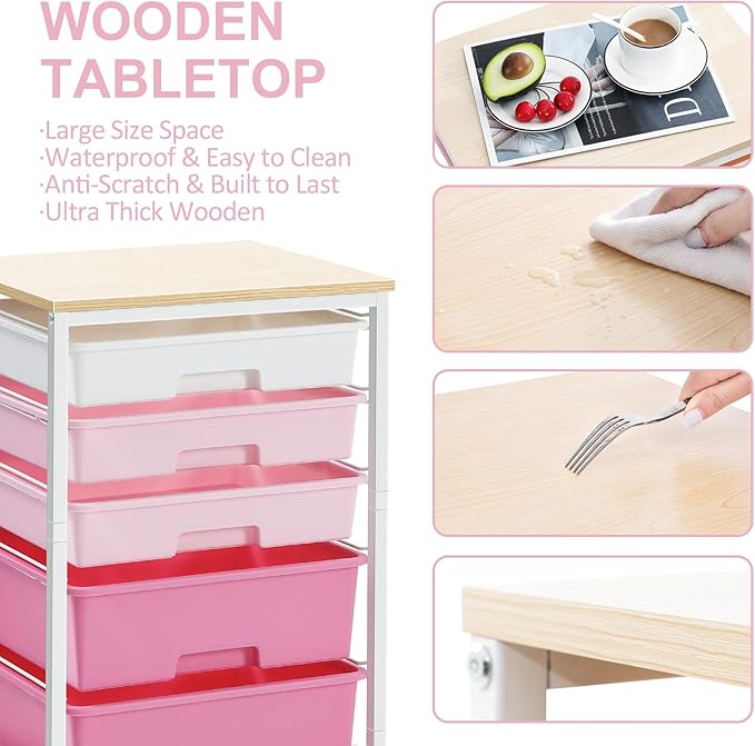 SYKIARIOL Utility Cart with Drawers,5 Drawers Storage Cart,Rose Pink | 5-Tiers Drawer Cart with Wooden Top with Lockable Wheels for Craft Organizers and Storage,Home Office,Classroom,Dorm,Playroom - Image 6
