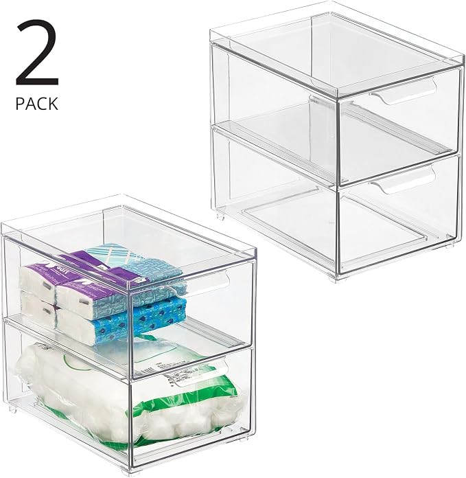 mDesign Stackable Storage Containers Box with 2 Pull-Out Drawers - Stacking Plastic Drawer Bins for Master or Guest Bathroom, Linen Closet, Vanity, or Makeup Table - Lumiere Collection - 2 Pack, Clear - Image 4