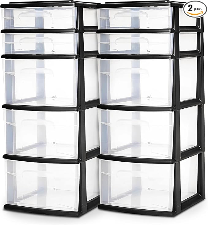 HOMZ 2-Pack Drawer Tower, 5-Tier Clear Plastic Storage Organizer Unit, Black Frame - Multi-Purpose Container Drawers for Bedroom, Bathroom, and Office Organization by Homz