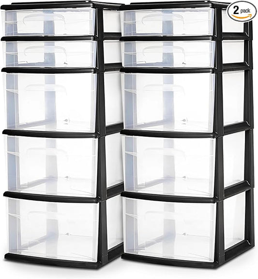 HOMZ 2-Pack Drawer Tower, 5-Tier Clear Plastic Storage Organizer Unit, Black Frame - Multi-Purpose Container Drawers for Bedroom, Bathroom, and Office Organization by Homz