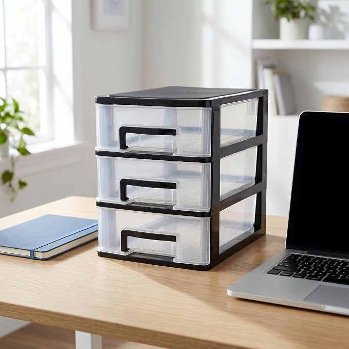 Angoily 3 Tier Plastic Drawer Type Closet, Plastic Home Office Storage Organizer, Makeup Organizer Storage Station Cube, Cosmetics Jewelry Storage Box for Home, Dorm, Office (8.46x5.90x5.12 Inch) - Image 2