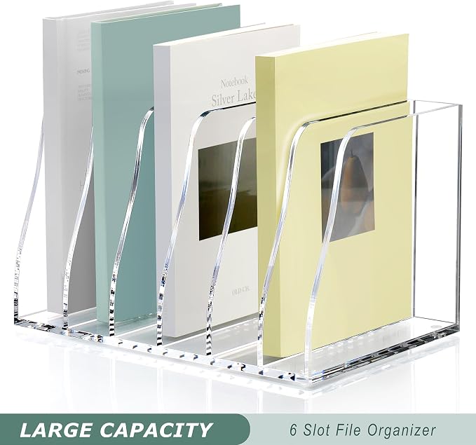 SANRUI Acrylic Magazine File Holder, 6 Vertical Compartments Desk Document Sorter Organizer, Clear Folder Rack Binder Bookstore Workspace Sorters for Office Accessories Organization Storage - Image 4