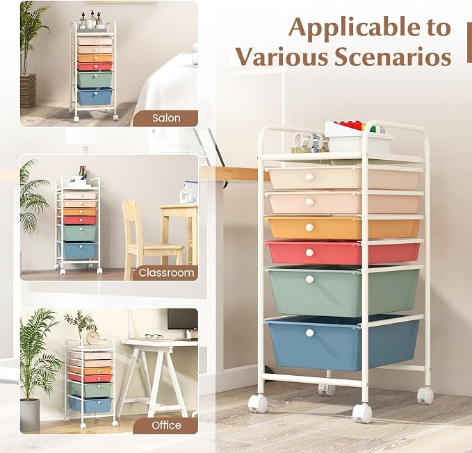 COSTWAY 6-Drawer Rolling Storage Cart, Art Craft Tools Organizer on Wheels | Multifunctional Heavy Duty Utility Mobile Storage Trolley w/ 2 Lockable Wheels for Home Office School (Macaron) - Image 7