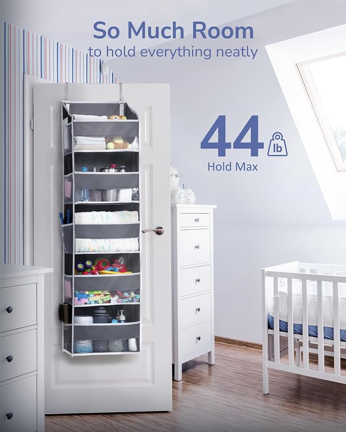 ULG 1 Pack Over Door Organizer with 5 Large and 10 Mesh Side Pockets, 44 lbs Weight Capacity Hanging Storage with Clear Window Kids Toys, Shoes, Diapers, Dark Grey, 5 Layers - Image 3