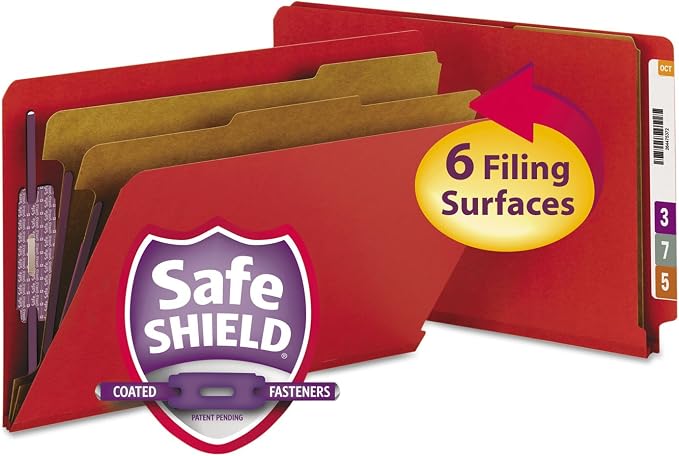 Smead End Tab Classification Folder, Legal, Straight, 2 Dividers, Bright Red, 10 per Box (29783) by SMEAD