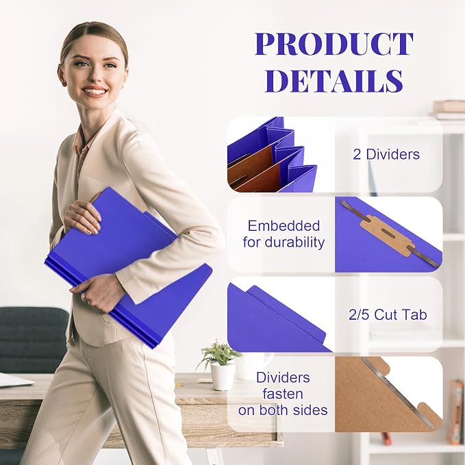 Skyygemm 60 Pcs Classification Folders Letter Size, 2 Divider Pressboard File Folders with 3. 5 Inch Expansion, 2 Prongs Fastener, Heavy Duty Office File Organizers for Teachers, Medical (Purple) - Image 3