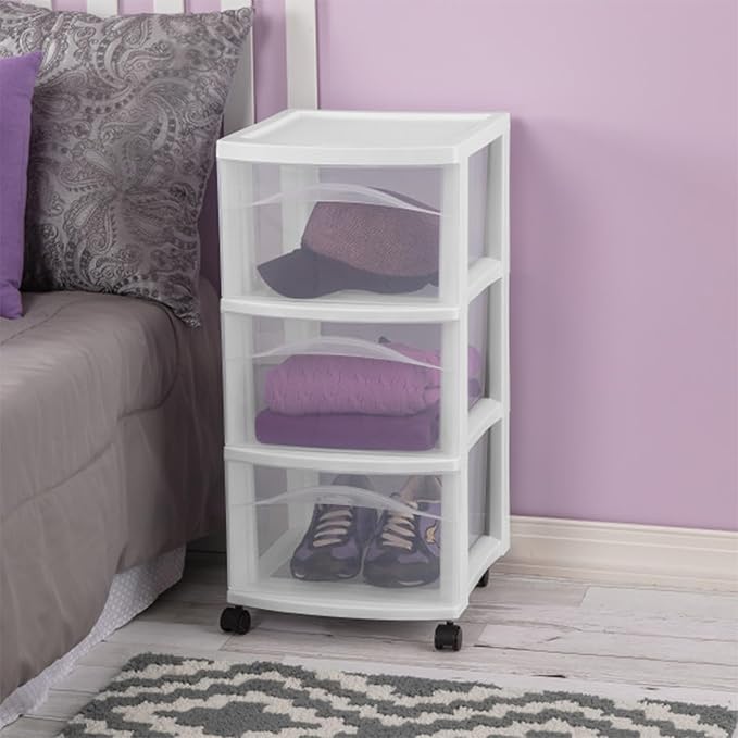 Sterilite 4-Pack 3-Drawer Cart, Plastic Storage Organizer Drawers with Wheels, White - Rolling Multipurpose Bins for Dresser, Closet, Cabinet, Bedroom, Bathroom, and Office Organization - Image 5