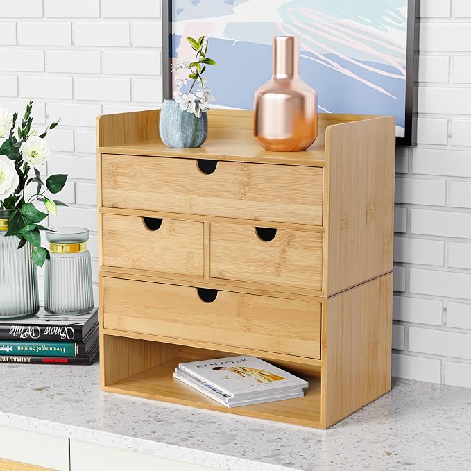 Bamboo Desk Drawer Organizer, Desktop Organizer with Drawers(2 Drawers) | 2 Drawers Open Top Tray Fully Assembled Stores Pens, Notes, Makeup, Jewelry & Toiletries for Office, Vanity & Bath - Image 4