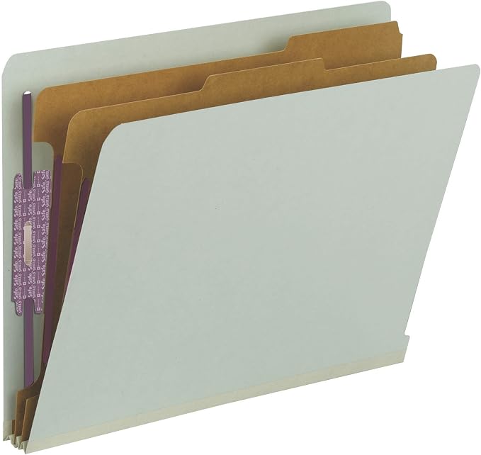 Smead 100% Recycled End Tab Pressboard Classification File Folder with SafeSHIELD Fasteners, 2 Dividers, 2" Expansion, Letter Size, Gray/Green, 10 per Box (26810) by SMEAD