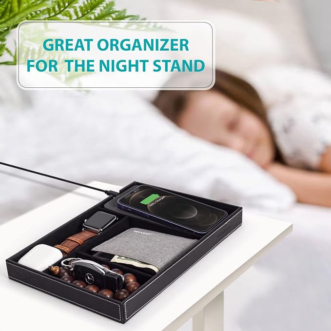 Valet Tray, Built in Wireless Charging Pad, Nightstand Organizer, Dresser Organizer, Mens Jewelry Box, Valet Charging Station, Faux Leather Valet Tray for Men and Women, (Black) - Image 4
