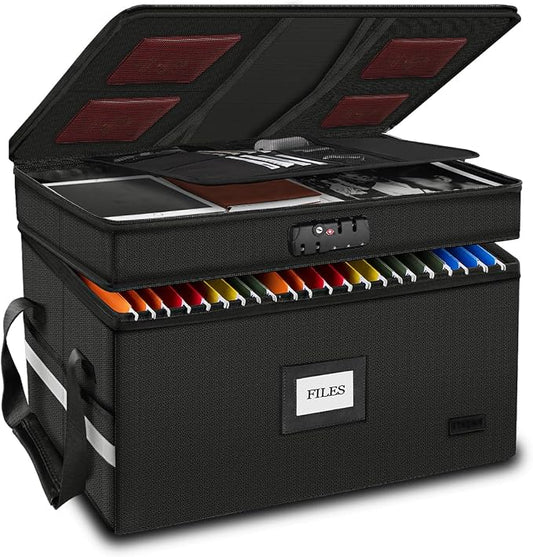 Large Fireproof Document Box with Lock, 2 Layer File Storage Organizer Box | Portable Office Collapsible File Storage with Reflective Strip & Handle for Hanging Letters, Legal Size Folder, Certificate by Laktru