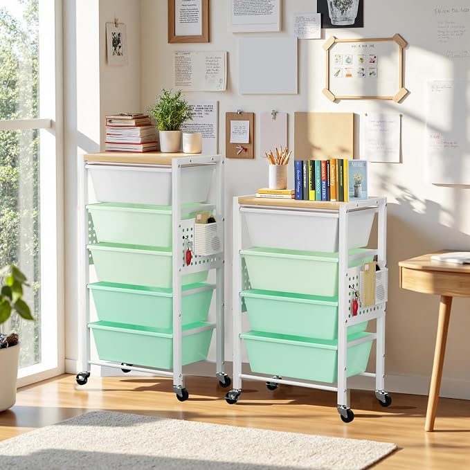 Rolling Cart with 3 Drawers, Plastic Drawer Storage Carts with Lockable Wheels & Wooden Tabletop, Metal Utility Cart Organizer, Office Bedroom Classroom Craft Organization and Storage, Bright Green - Image 7