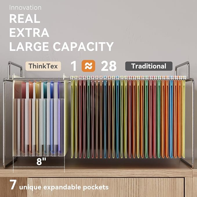 ThinkTex Plastic Expanding Hanging File Folders, 7 * 1.2" Accordion Pocket | Large Capacity, Multi-Color Tabs, Letter Size for Filing Cabinet - Yellow - Image 7