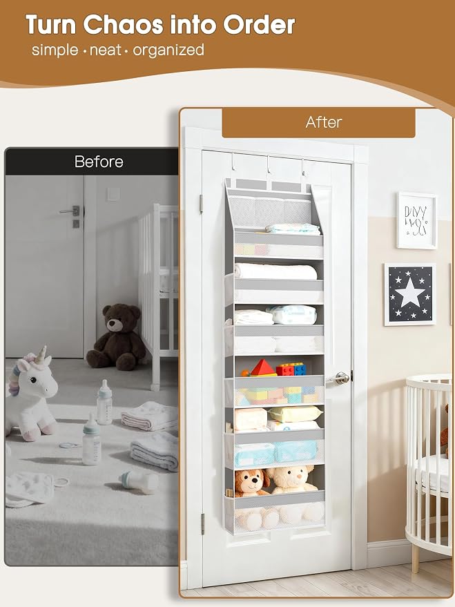 Over The Door Organizer, Heavy-Duty 6-Shelf Hanging Storage with 13 Mesh Pockets, 55lbs Capacity Behind The Door Storage for Nursery, Bathroom, Bedroom, and Dorm, Grey - Image 3