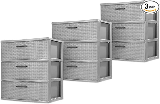 Sterilite 3 Pack 3 Drawer Wide Storage Tower, Weave Organizer, Cement | Lightweight Opaque Home Organization Container for Bedrooms, Closets, or Bathrooms by Sterilite