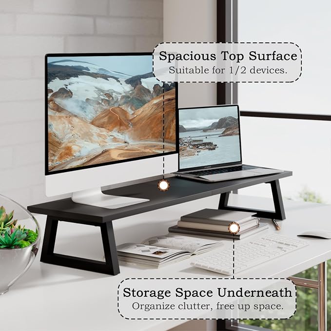 TEAMIX 31.5 inch Dual Monitor Stand Riser, TV Riser, Black Desk Organizer | For 2 Monitors/Laptop/Printer, Long Computer Stand, Wood & Steel, Holds 150 lbs, PS5/Keyboard Storage, For Home Office Gaming - Image 3