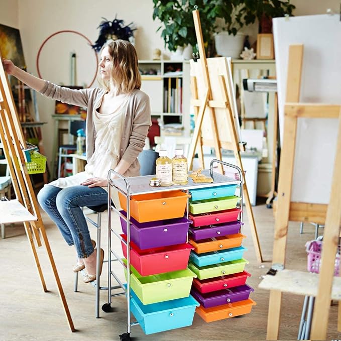 Moccha 15-Drawer Rolling Storage Cart - Under Desk Storage Drawers with wheels for Craft Art Supply Paper Salon, Scrapbook Paper Tools, Mobile Utility Cart for Classroom (15 Drawers, Multicolor) - Image 2