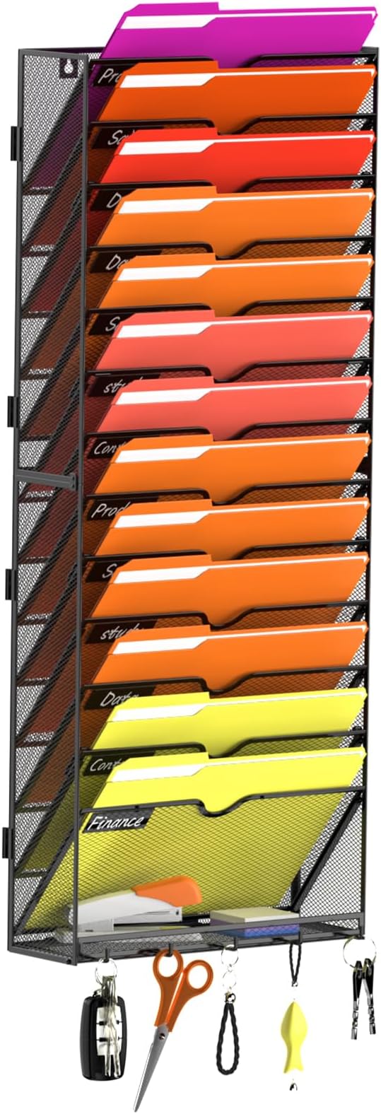 14-Tier Wall File Organizer with Base and Hooks, Hanging Organizer, Black | Wall Organizer and Wall File Holder with 14 Vertical Pockets and Bottom Tray for Files, Mail, Folders, Magazines and Paper by JMHUD
