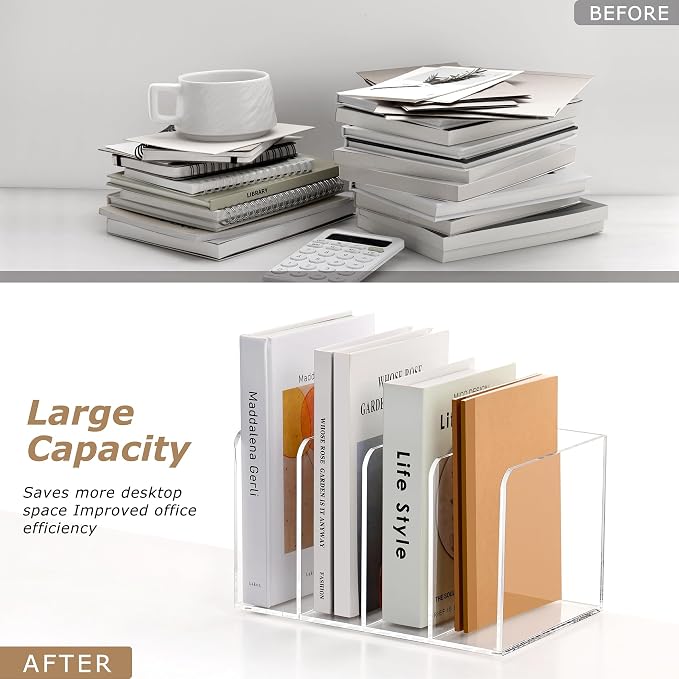 SANRUI Acrylic Magazine Holder Desk Organizer Workspace Sorter Clear 4 Slot | Bookend File Sorter Holder,Folder Rack, Office Accessories Organization Storage with 4 Vertical Compartments - Image 8