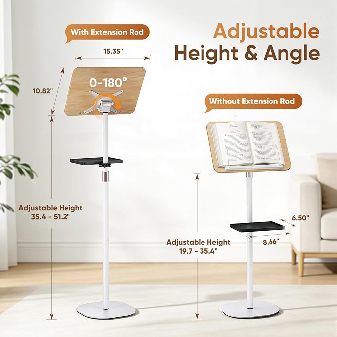 2 in 1 Adjustable Floor Book Stand & Music Stand with Removable Tray, 19.7" to 51.2" Foldable Reading Book Holder with Page Clips for Laptop, Cookbooks, Sheet Music, Wooden Podium Stand for Projector - Image 3