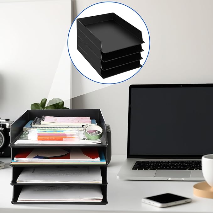 6 Pcs Stackable Paper Trays Rectangular Plastic Desk Holder Desktop Document File Organizer Storage Letter for Office Classroom (Black) - Image 5