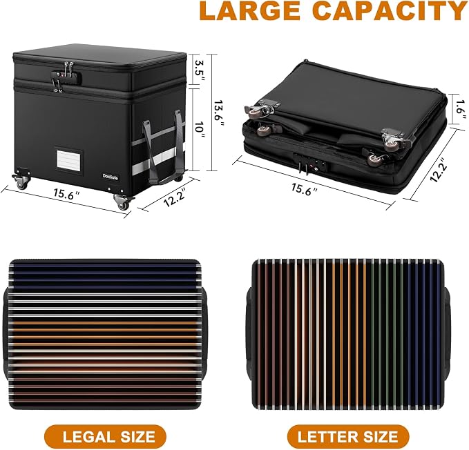DocSafe Fireproof Document Box with Lock,2-Layer File Box with Wheels,Collapsible File Storage Organizer with Pockets,Large Portable Home Filing Cabinet for Hanging Folders,Black,16''x13.8''x12.2'' - Image 7