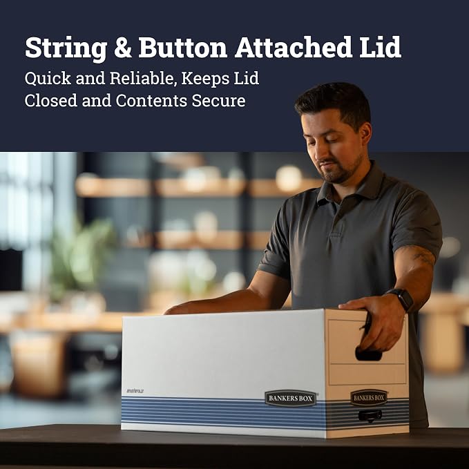 Bankers Box 12-Pack String & Button Medium-Duty File Box, Letter, FastFold | Keep important records buttoned up with secure closure, FastFold setup, reinforced handles, and stackable strength. - Image 4