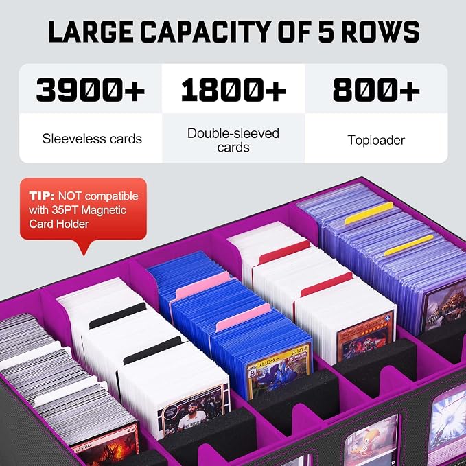 ZLCA Trading Card Storage Box 5-Row with Handle, MTG Storage Box | Holds 3900+ Cards with Commander Display, Top Loaders Organizer Case for TCG PTCG Sport Card(Black&Purple) - Image 2