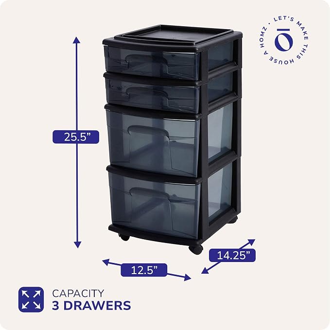 HOMZ 2-Pack Drawer Tower, 4-Tier Clear Plastic Storage Organizer Cart, Black Tint and Frame - Organizing Containers with Wheels for Home, Bathroom, Bedroom, Office, and Classroom - Image 2