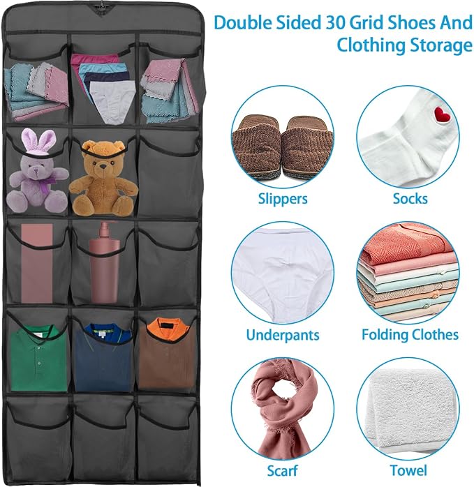 30 Large Pockets Dual Sided Hanging Shoe Organizer Double-Side Closet Storage Shelves with Rotating Hanger Space Saving Storage Bag Portable Shoe Rack Holder for Bedroom Laundry Room,Black - Image 3