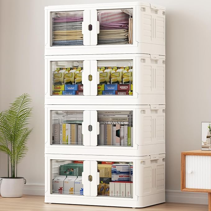 BROVIEW 460Qt Stackable Storage Bins with Individual Lids & Wheels, Large Plastic Collapsible Latching Boxes Closet Organizers and Storage Cabinet Shelves Units for Home Kitchen Dorm, 4-Pack White by BROVIEW-EnjoytheArtofLife