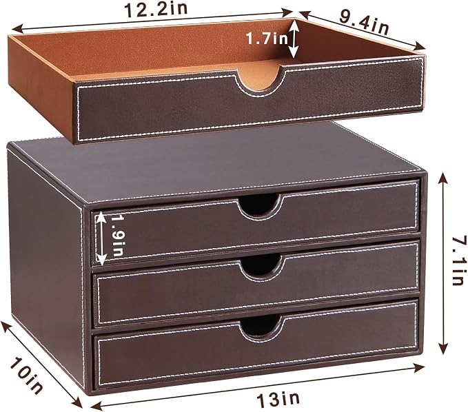 PU Leather Desk Organizer with 3 Drawers,Executive Office Supplies Desktop Filing A4 File Cabinet/Holder for Jewelry/Bill/Paper/Documents/Makeup Home Decor Stationery Storage Box,Brown - Image 3