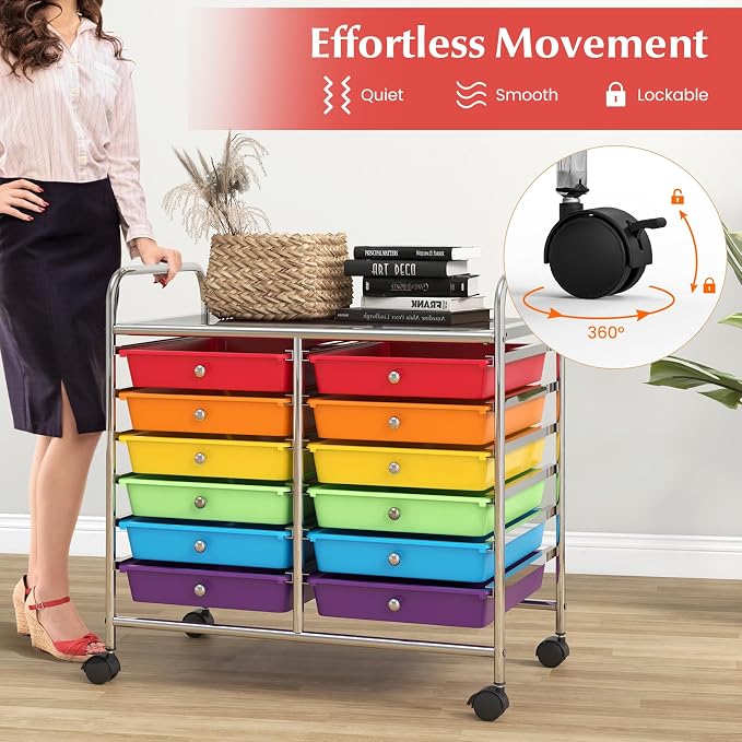 GOFLAME 12-Drawer Rolling Storage Cart, Multifunctional Art Craft Organizer Cart, Mobile Utility Storage Cart with Removable Drawers & Lockable Wheels, Craft Cart for Home Office School, Multicolored - Image 7