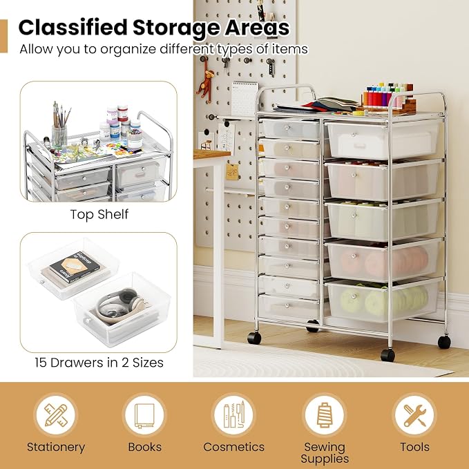 Giantex 15 Drawer Rolling Cart with Drawers, Storage Organizer Cart for Classroom Office School Teacher, Mobile Drawer Cart for Tools, Crafts, Small Printer, Clear - Image 5