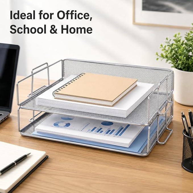 EXERZ Letter Trays 2pcs Stackable Paper Sorter/Desk File Tray/Desk Organizer - Metal Rack - Office, School, Home(Silver Grey Colour) | Two Tier Metal Mesh Stackable Saves Desk Space Holds A4 Papers Folders Notebooks Magazines For Office Home School - Image 5