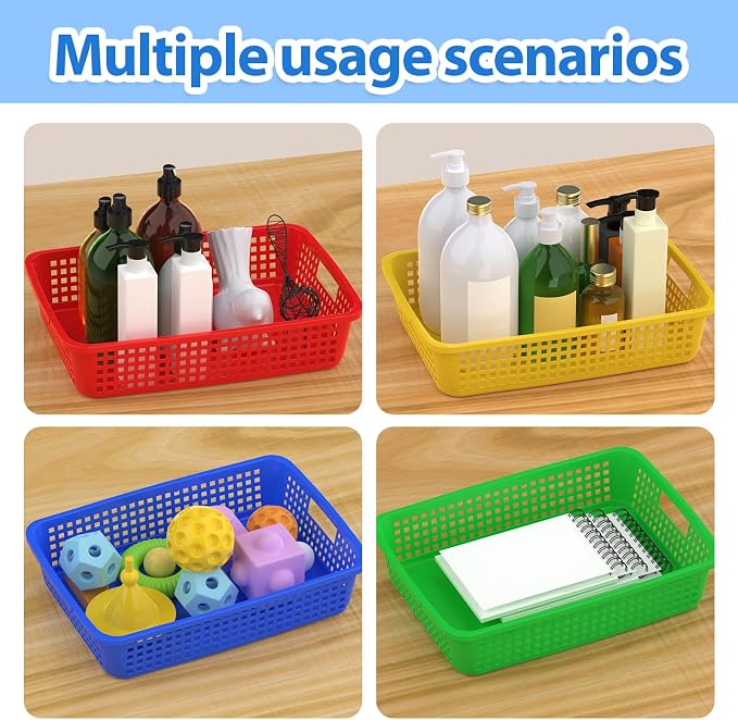 8 Pack Classroom Storage Baskets 15''x10''x3'' Large Plastic Paper Trays with Handle Letter Size A4 Paper Toy Basket Turn in Trays for Library Office Desk Drawer Organizing (8, Bright Color) - Image 5
