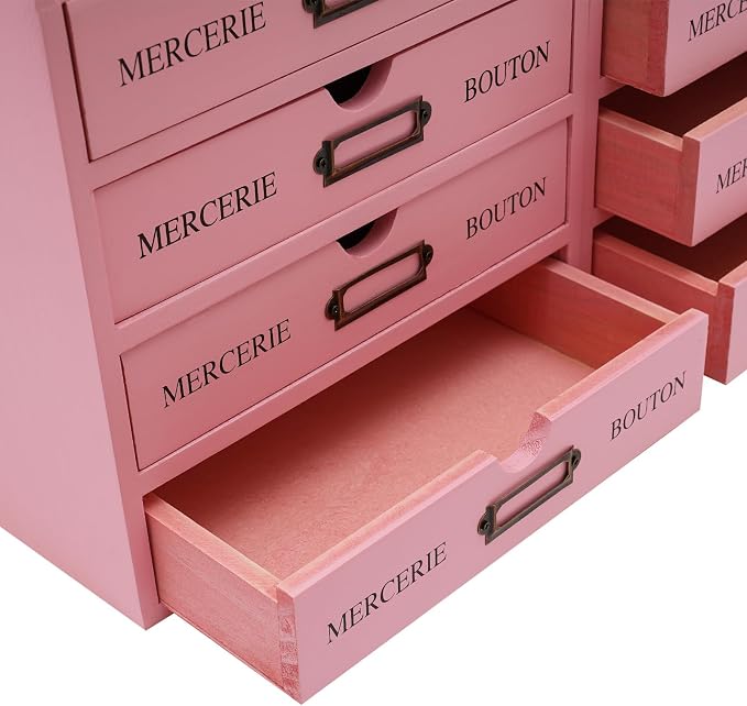 4PCS Vintage Wooden Drawer Organizer, 16-Drawer Stackable Storage Cabinet | Solid Pine Wood | 4-Tier | 35 Lbs Capacity | Iron Label Holders | Fully Assembled | For Office, Home, Craft Room (Pink) - Image 6