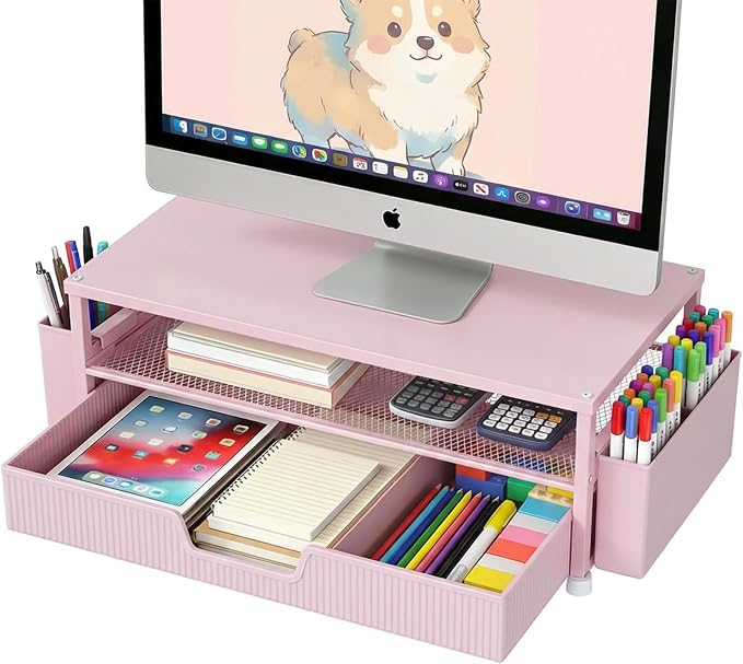 ECOLOVI Desk Organizer and Accessories, 2-Tier Computer Monitor Stand Rise with Storage Drawer & 2 Pen Holders, Laptop & Printer Stand for Desktop, Workspace Organizers for Office Supplies (Pink) by ECOLOVI
