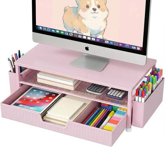 ECOLOVI Desk Organizer and Accessories, 2-Tier Computer Monitor Stand Rise with Storage Drawer & 2 Pen Holders, Laptop & Printer Stand for Desktop, Workspace Organizers for Office Supplies (Pink) by ECOLOVI