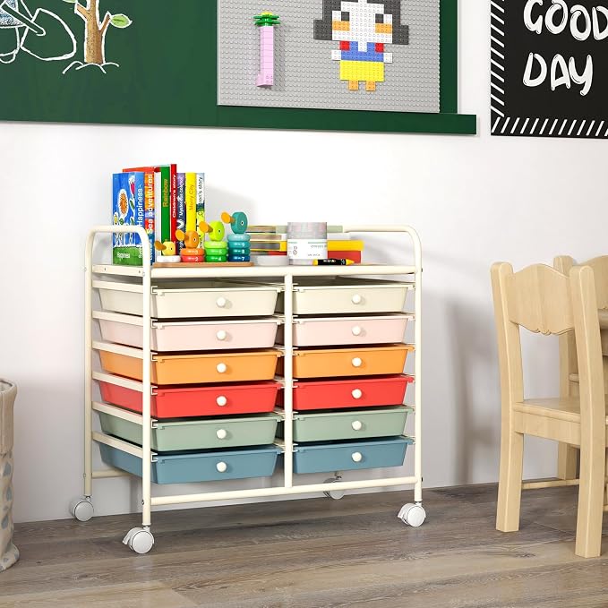 GOFLAME 12-Drawer Rolling Storage Cart, Multifunctional Art Craft Organizer Cart, Mobile Utility Storage Cart with Removable Drawers & Lockable Wheels, Craft Cart for Home Office School, Macaron Color - Image 2