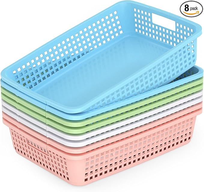 8 Pack Classroom Storage Baskets 15''x10''x3'' Large Plastic Paper Trays with Handle Letter Size A4 Paper Toy Basket Turn in Trays for Library Office Desk Drawer Organizing (8, Pastel Color) by BeapTcely