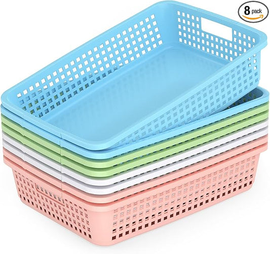 8 Pack Classroom Storage Baskets 15''x10''x3'' Large Plastic Paper Trays with Handle Letter Size A4 Paper Toy Basket Turn in Trays for Library Office Desk Drawer Organizing (8, Pastel Color) by BeapTcely