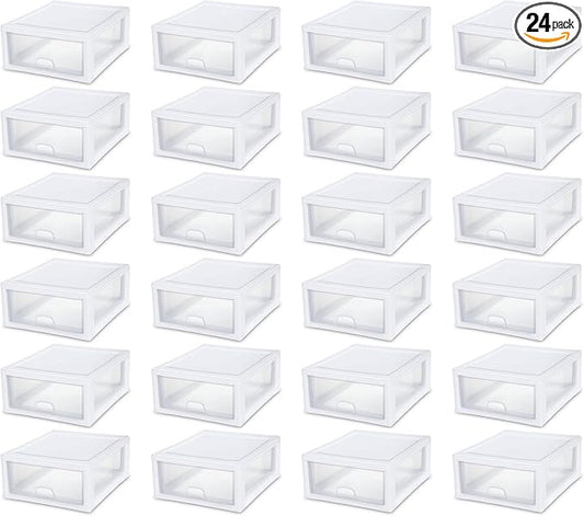 Sterilite Stacking Drawer Storage Organizer for Clothes, 16 Quart, 24-Pack | White Frame, Stackable Modular Clear Plastic Drawers & Containers for Clothing, Accessories, Craft Supplies, Shoes or Linens by Sterilite