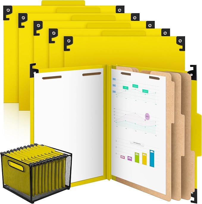 Henoyso 10 Pcs Hanging Classification File Folders, Letter Size Yellow Folders with 3 Pressboard Dividers, 8 Fasteners, 4 Inch Expansion, 1/3-cut Top Tab for Medical Records and File Cabinet Organizer by Henoyso