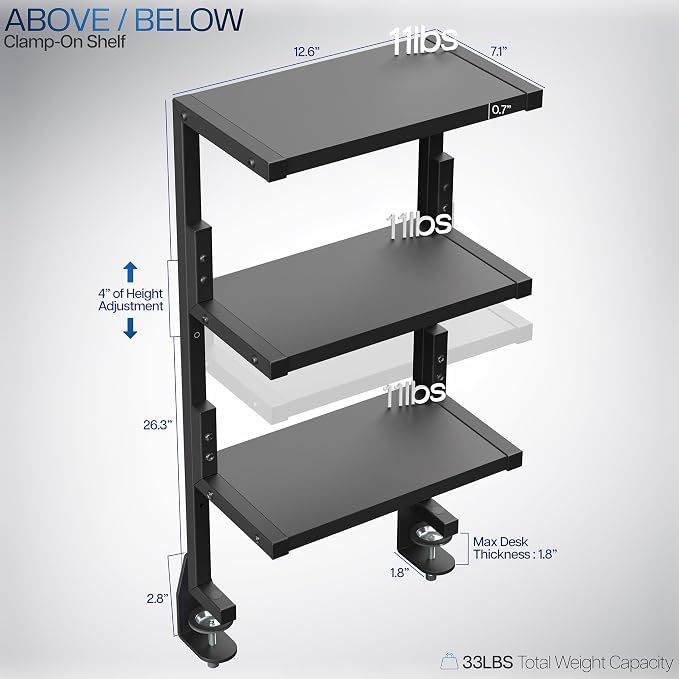 VIVO Clamp-on 13 inch Above or Below Desk 3-Tier Shelving Unit for Table Accessories, Gaming Devices, and More, Storage Tray, Desktop Organizer, Black, STAND-SHELF3C - Image 3