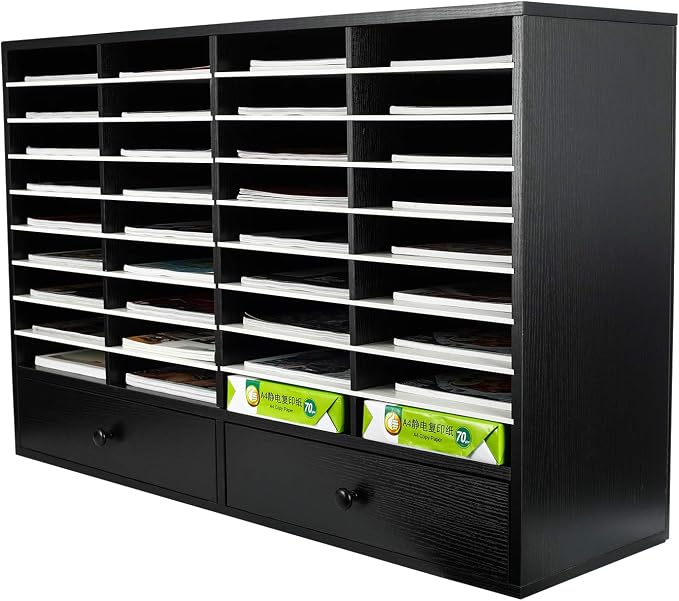 Mail Sorter Organizer, Wood Literature Organizer, Student Mailbox for Classroom, Desktop Bill Paper Organizer for Office Home School, 38 Compartments, Black&White by PAG
