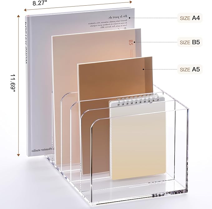 YUXUN Acrylic Magazine Holder,Clear Desk Organizer Vertical File Sorter Holder Stand for Notebook,Paper,Envelope,Magazine, Book Storage-Office/Home/Classroom Organization (5 Compartments,B5) - Image 3
